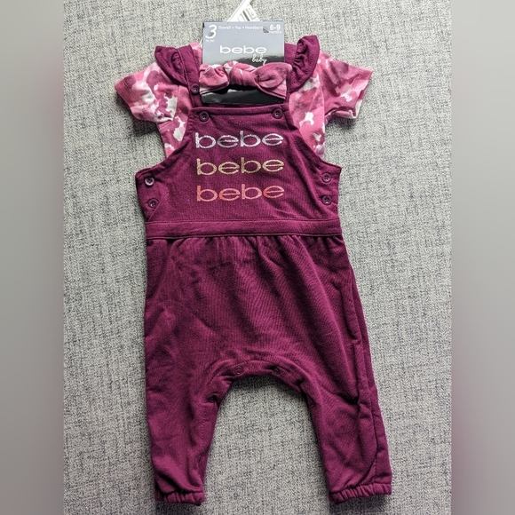 Adorable BEBE 3 piece little girls set Overalls + Top + Headband - Picture 3 of 10